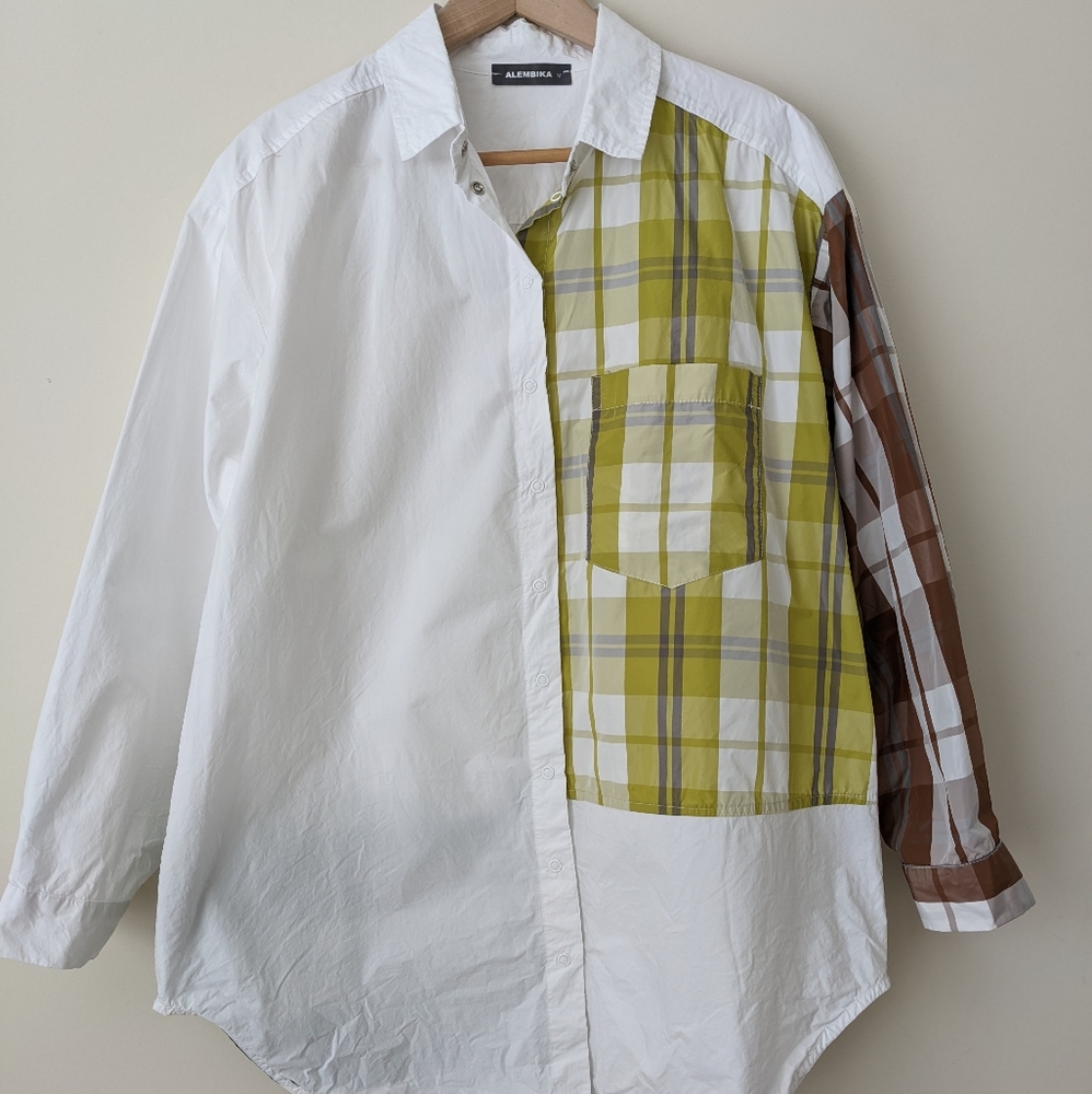 Alembika Medium Patchwork Plaid Button Up Shirt Oversized Lagenlook
